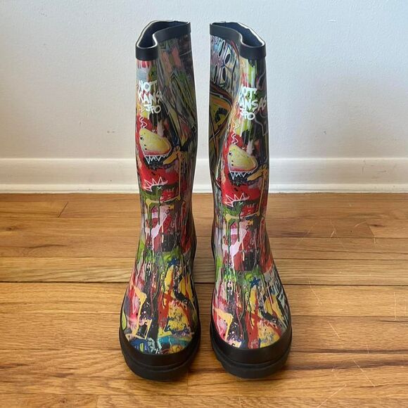 Womens Street Art Print Novelty Multicolor Mid Calf Rubber Rain Boots New 7 - Picture 2 of 8